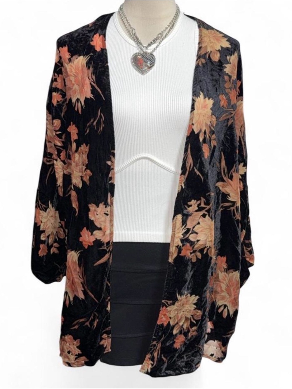 Black Floral Open-Front Women's Sweater Kimono